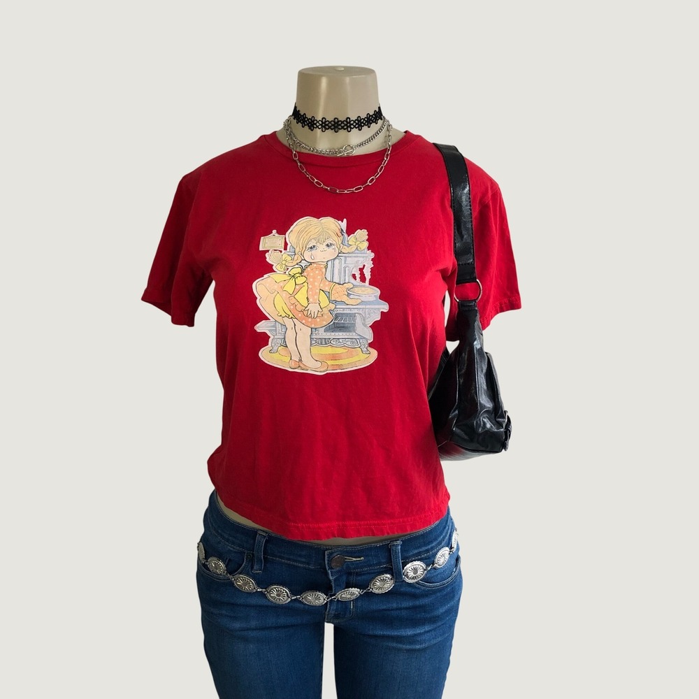 Vintage 80s 90s Holly Hobbie Style Prairie Girl Red Graphic Baby Tee Shirt XS S